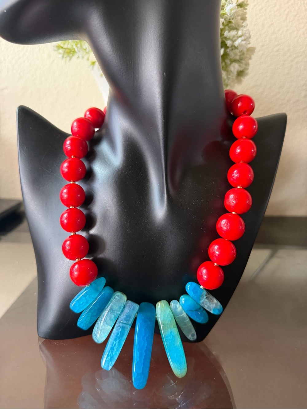Handmade Bold Red Bead Necklace with Blue Turquoise Pendant Spikes